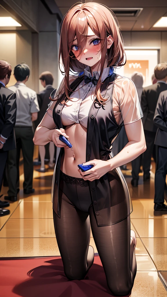 Crowd in the background,masterpiece,Highest quality,High resolution,Anatomically correct,suit,See-through adult underwear,Sweat,barefoot,Glowing Skin,Ahegao,amount,Bob,ID card,vibrator,5 Male:2.0,,Surrounded by men:2.0,smartphone