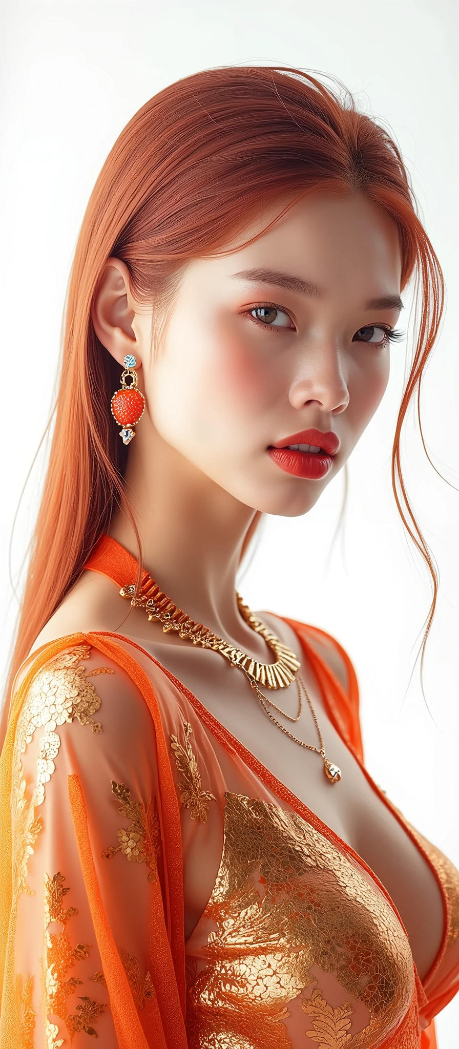 a woman with red hair, hyper-realistic skin, shiny/glossy, modern jewelry, gongbi, portraiture, dark teal and light gold, tropical landscapes, Face portrait photo oF a 21 Year-old German woman, .raw, beautiFul woman, half strawberry lips, strawberry lipstick, Fossettes, big breast, realistic legs, high heels, nostalgic look, detailed light brown eyes, great student, thin eyelashes, (Brown extra long blond hair), ((detailed Face)), ((detailed Facial Features and skin texture)), (Finely detailed skin), light brown skin, (Deep neckline detailing high-tech cyberpunk dress), Cyberpunk big city environment, (cold colors), moist, moist, reFlections, (masterpiece) (height ratio / perfect width) (photo realist) (best quality) (detailed) Shot with Canon EOS R5, ObjectiF 50mm, F/2.8, human development report, (8k) (wallpaper) (light) (Dramatic Light) (sharp focus) (complicated), sharp details, skin detail sharpness, 