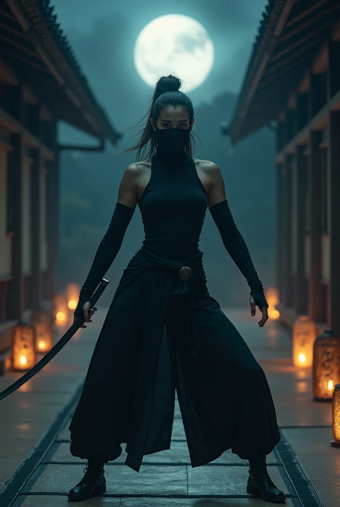 a japanese dojo, a sexy ninja warrior, face covered, fighting position, full moon night, gloomy background