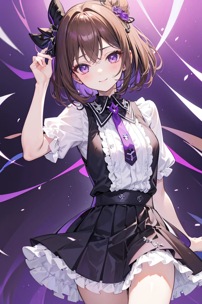 초상화, Face_through_torso, A globally popular idol girl. She has short, light brown bob hair (similar to the shade in the provided image) and purple eyes. She is wearing a white short-sleeve shirt, a short tie with a purple background and white intersecting stripes, and a dark purple and black checkered skirt. She has frilled wrist decorations and a bright, open-mouthed smile.