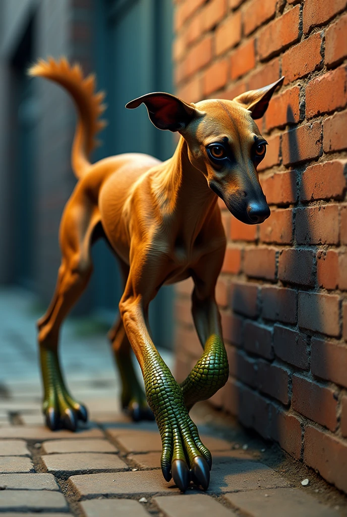 Pincher dog with reptilian legs walking on the wall