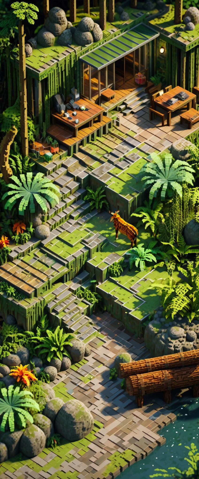 detailed voxel jungle forest, serene atmosphere, beautiful vista, stunning landscape, dramatic lighting, warm sunlight filtering through leaves, intricate foliage patterns, mossy rocks and logs, exotic animals hidden in undergrowth, cinematic composition, pixel art, high-quality, masterpiece, intricate details, vibrant colors, natural beauty, video game 