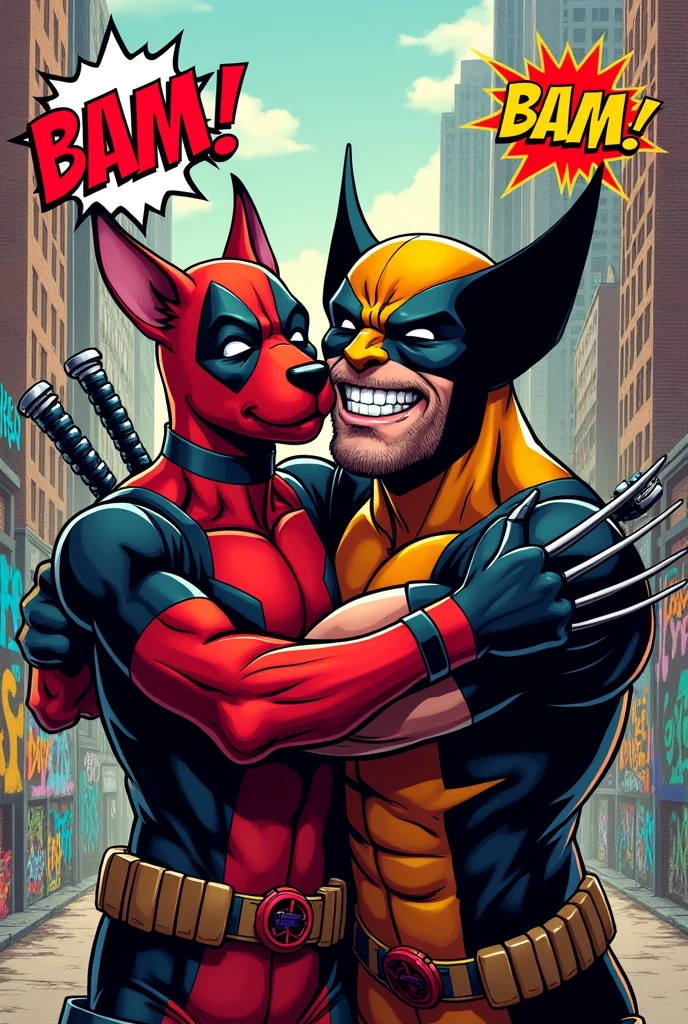 Create an image of Dogpool and Wolverine hugging each other smiling