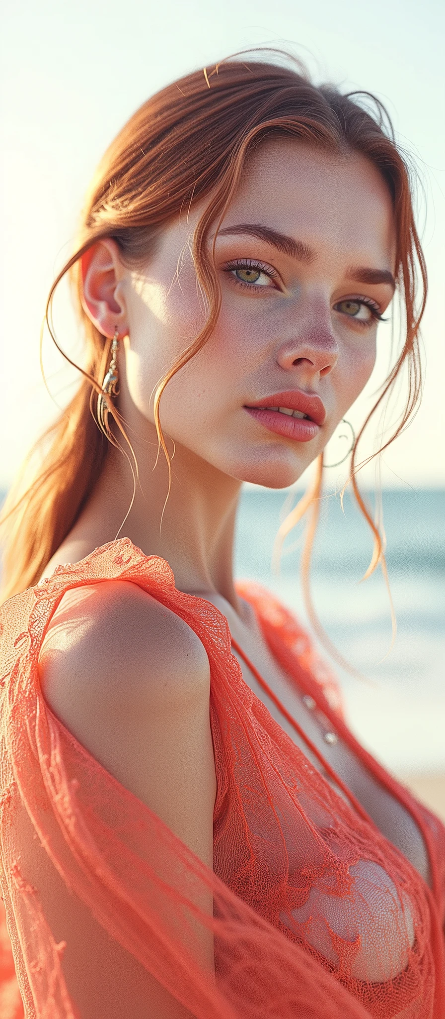 a woman with red hair, hyper-realistic skin, shiny/glossy, modern jewelry, gongbi, portraiture, dark teal and light gold, tropical landscapes, Face portrait photo oF a 21 Year-old German woman, .raw, beautiFul woman, half strawberry lips, strawberry lipstick, Fossettes, big breast, realistic legs, high heels, nostalgic look, detailed light brown eyes, great student, thin eyelashes, (Brown extra long blond hair), ((detailed Face)), ((detailed Facial Features and skin texture)), (Finely detailed skin), light brown skin, (Deep neckline detailing high-tech cyberpunk dress), Cyberpunk big city environment, (cold colors), moist, moist, reFlections, (masterpiece) (height ratio / perfect width) (photo realist) (best quality) (detailed) Shot with Canon EOS R5, ObjectiF 50mm, F/2.8, human development report, (8k) (wallpaper) (light) (Dramatic Light) (sharp focus) (complicated), sharp details, skin detail sharpness,