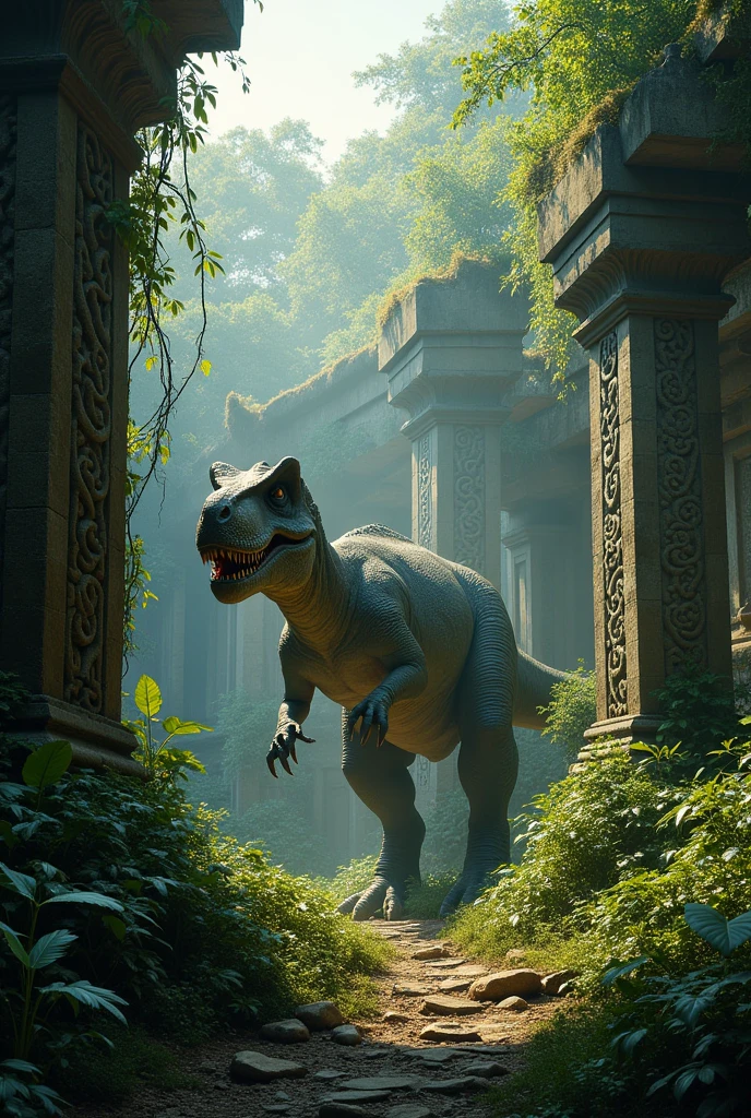 A dinosaur stalks amidst the ruins of an ancient, long destroyed temple complex.