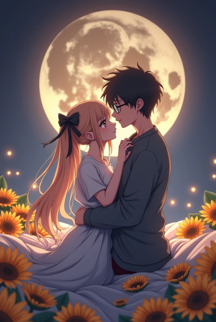 Beautiful couple hugging and kissing passionately in bed, the bed has sunflowes, the girl and the bot are lying down kissing, both of them screwed
(girl: short, big eyes but not too much with a loving look, not so long elf ears and in her left ear a ruby-colored earring, long hair with a black bow on the side of her hair, blondie hair, super tiny , She is wearing the boy's white shirt, (girl: white skin:1.3)), (guy: brown eyes with glasses, thin like shinji from Evangelion, the shirtless boy), (white skin:1.3), a modern and romantic room (best quality, 4k, 8k, high resolution, masterpiece:1.2), ultra detailed, (realistic, photorealistic, photorealistic:1.37), HDR, UHD, studio lighting, ultra-fine painting, sharp focus, physically based rendering, extreme detail description, professional, vivid colors, bokeh, romantic, cinematic, dramatic lighting, warm color palette, bright moonlight, dreamlike, ethereal