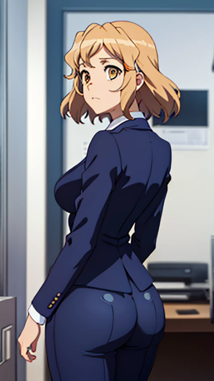 Super Beautiful office Lady,1. woman, alone, Short light blonde flowing layered hair, Orange eyes, Sexy Suits,Dark grey pantsuit, Captivating ass, The butt is sticking out,Shoot in the back , thin, Perfect Proportions, office, Portraiture, High resolution, Highest quality, super high quality, Super Detail, Surreal, Realistic, Formal pants, One person in the frame
