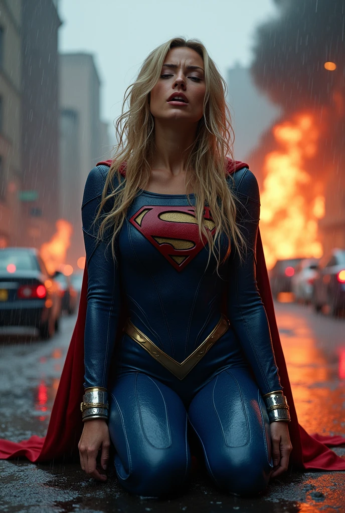 A beautiful woman Gaia Weiss under the mantle of the Kryptonian Kara Zor-El aka Supergirl long blonde hair on her knees screaming exhausted after a battle blood around her blue corset with Superman emblem Man Of Steel Movie (((One-piece suit in blue leather combined with black and red))) red cape red boots with white trim reflection of it apocalyptic and rainy city cars and buildings on fire terrifying and bloody images DC universe logo voluptuous and sensual body silver metallic bracelets