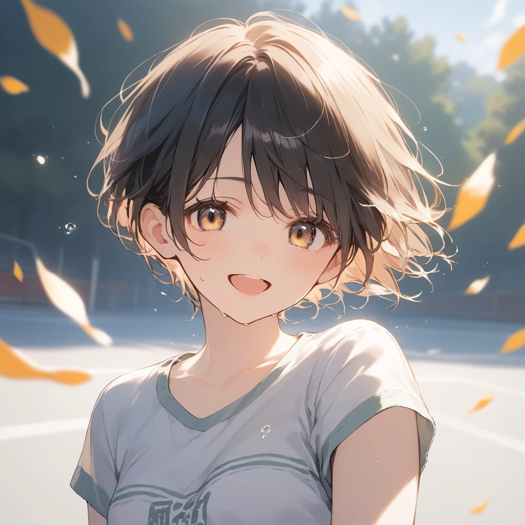 score_9, score_8_up, score_7_up, source_anime, best quality, masterpiece, official art, absurdres, highres, ultra-detailed,waifu2x,Collection: Slice of Life,break,1girl, sprightly girl, short hair, pixie cut, curly hair, medium breasts, beautiful detailed eyes, sweat, gym shorts, (wavy mouth:0.3), open mouth, smile, outdoors, wind, break,(clear line illustration:1.2), super detailed skin,very high resolution, very aesthetic, Best sexual lighting powered by famous artist, 8k, 16k, cute picture,beauty illustration,photoshop_(medium),,(Detailed Lighting),best anime 8k konachan wallpaper, pixiv contest winner,