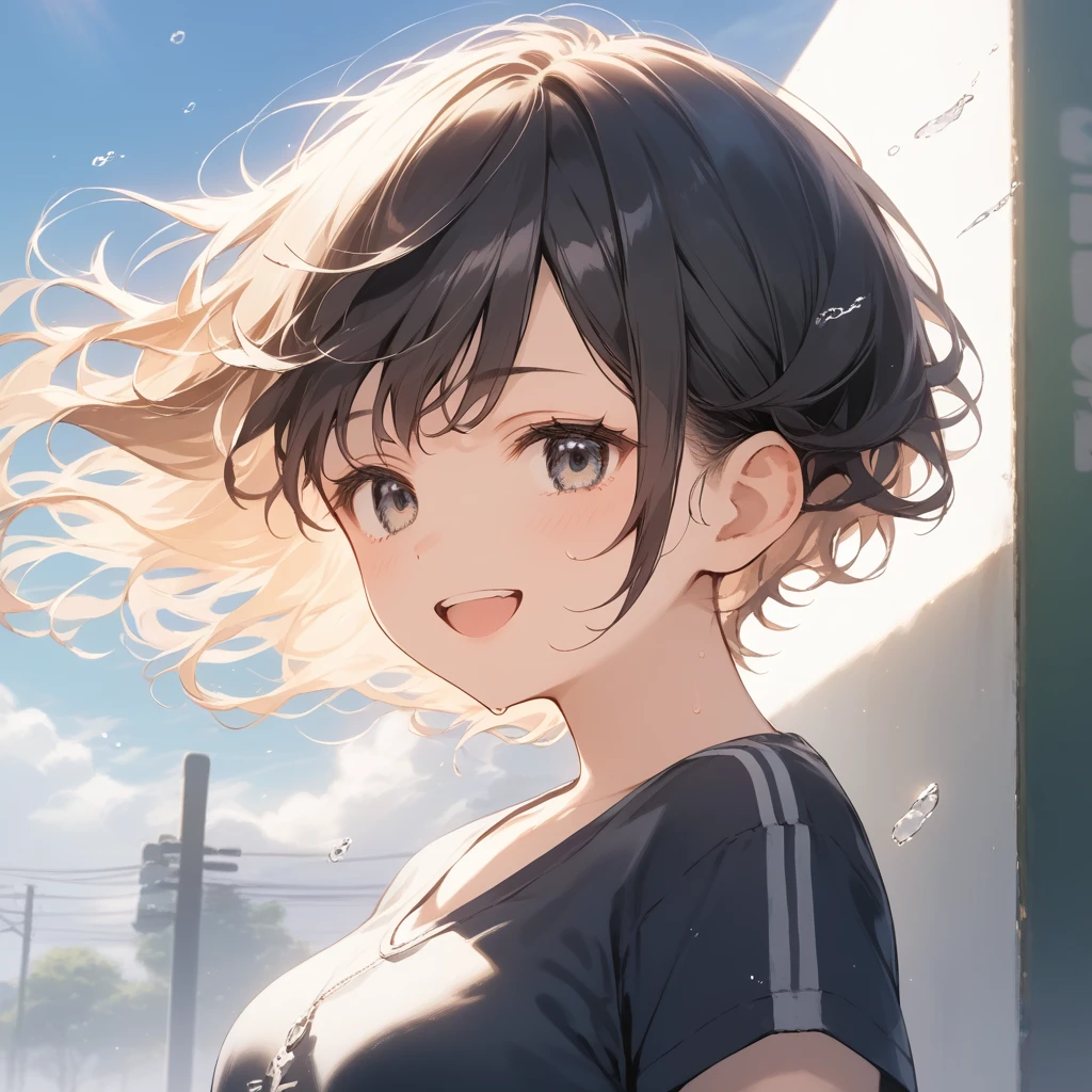 score_9, score_8_up, score_7_up, source_anime, best quality, masterpiece, official art, absurdres, highres, ultra-detailed,waifu2x,Collection: Slice of Life,break,1girl, sprightly girl, short hair, pixie cut, curly hair, medium breasts, beautiful detailed eyes, sweat, gym shorts, (wavy mouth:0.3), open mouth, smile, outdoors, wind, break,(clear line illustration:1.2), super detailed skin,very high resolution, very aesthetic, Best sexual lighting powered by famous artist, 8k, 16k, cute picture,beauty illustration,photoshop_(medium),,(Detailed Lighting),best anime 8k konachan wallpaper, pixiv contest winner,