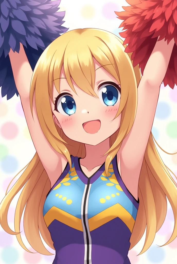 An anime girl, cheerleader, upper body only, bright smile, mole under left mouth, big boobs, elegant let down long hair, blond hair,