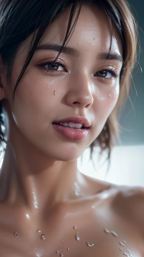 Photorealistic, Surreal, Cinema Lighting, 32K, 1 person, look up, Backlight, (Bright light:1.2), (Improvement of quality:1.4), (Highest quality realistic textured skin:1.4), Detailed eyes, Detailed face, short hair, ,Cowgirl, From below, Sweat, Wet, (Enhances the beauty of skin texture:1.1), Matte texture, blush, Open your mouth, Roll your eyes, tears, Sticking out tongue, Semen drops, saliva, saliva trail, Lips parted, Captivating smile