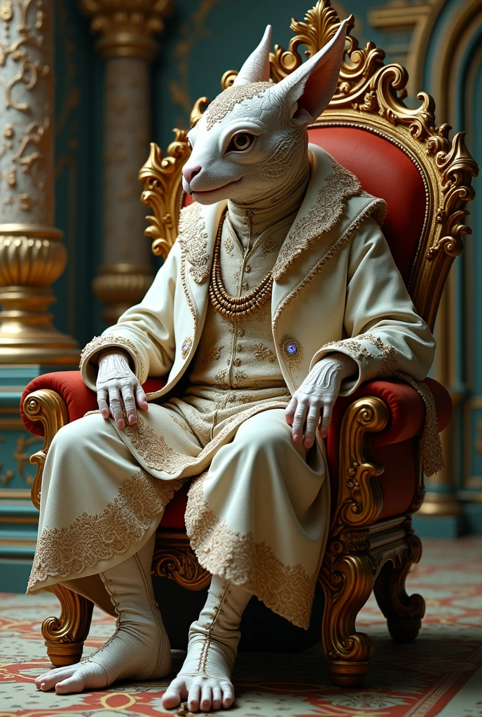 Ancient humanoid creature unaesthetic futuristic with skin ornamented patterns in high relief very detailed ornamental clothes in 4d sitted on a high tech chair, machinery, gadjets, rococopunk, on a room of future baroque in front of a table