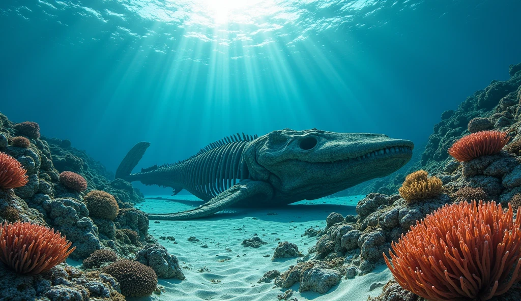 (photorealism:1.2), whale bones scattered, ocean floor, deep, coral thriving