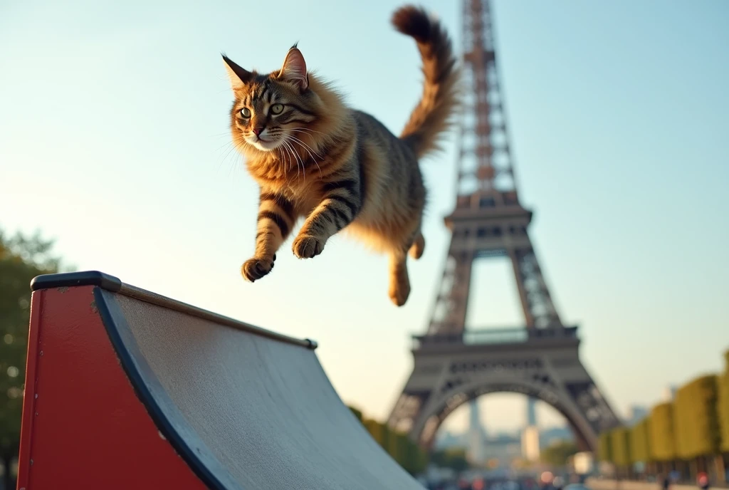 2024 Paris Olympics，Realistic photo of a Maine Coon cat jumping off a tall skateboard ramp, The Eiffel Tower is visible in the background.