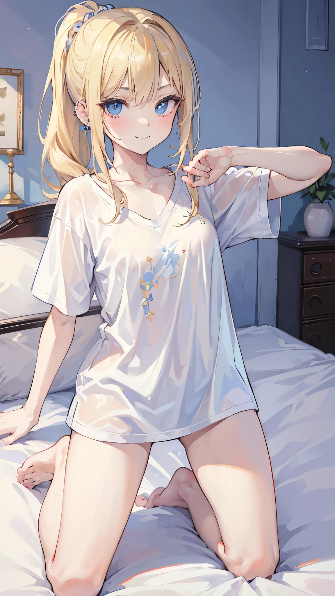 ((masterpiece、Highest quality、Very detailed))、One person、Blonde、low ponytail、Light blue eyes、evil smile、((lots of piercing))、Small breasts、((White T-shirt))、Short sleeve、barefoot、kneeling、On the bed、Bedroom Background