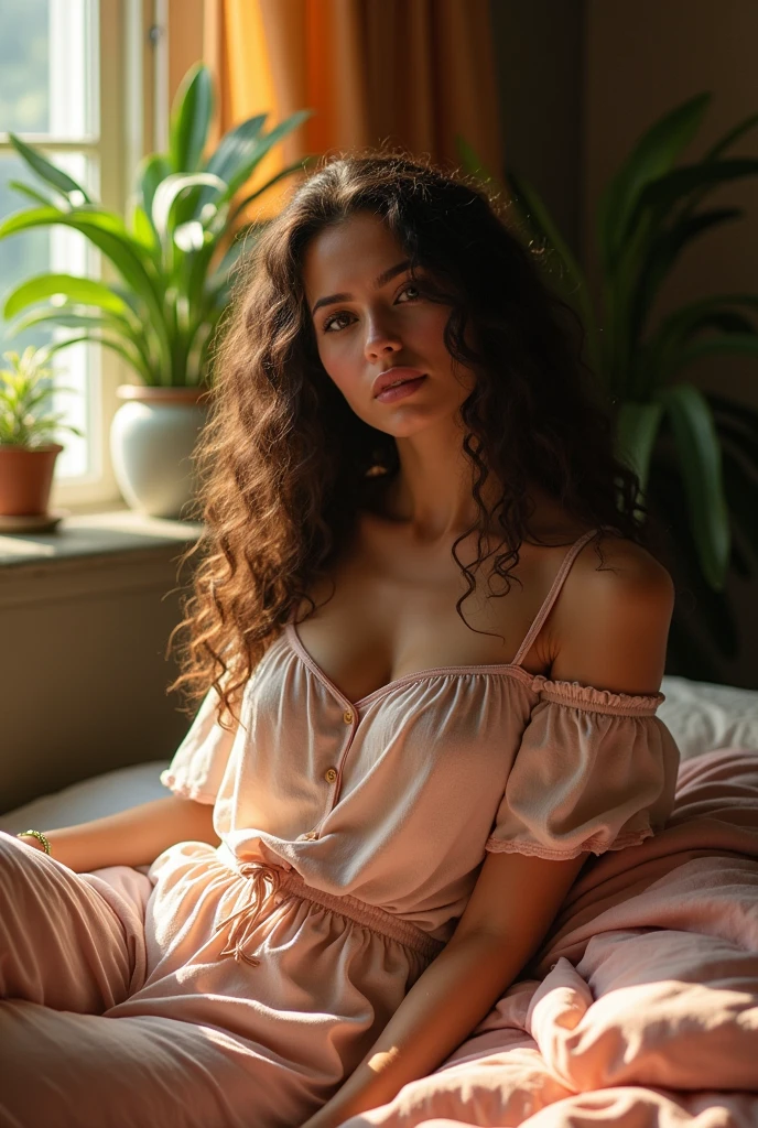 (photorealism:1.2), beautiful woman, sitting on bed, wearing loose off-shoulder top, pajama pants, long curly hair, indoors, soft lighting, plants in background, window with sunlight, cozy room, relaxed pose, realistic, intricate details, warm colors, by Greg Rutkowski, by Alphonse Mucha