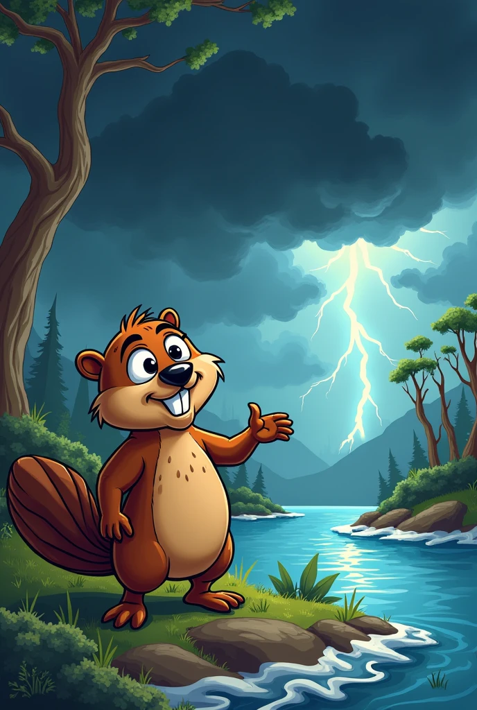 Draw a beaver warning another beaver that a storm is coming and in the sky black storm clouds in cartoon style like drawing