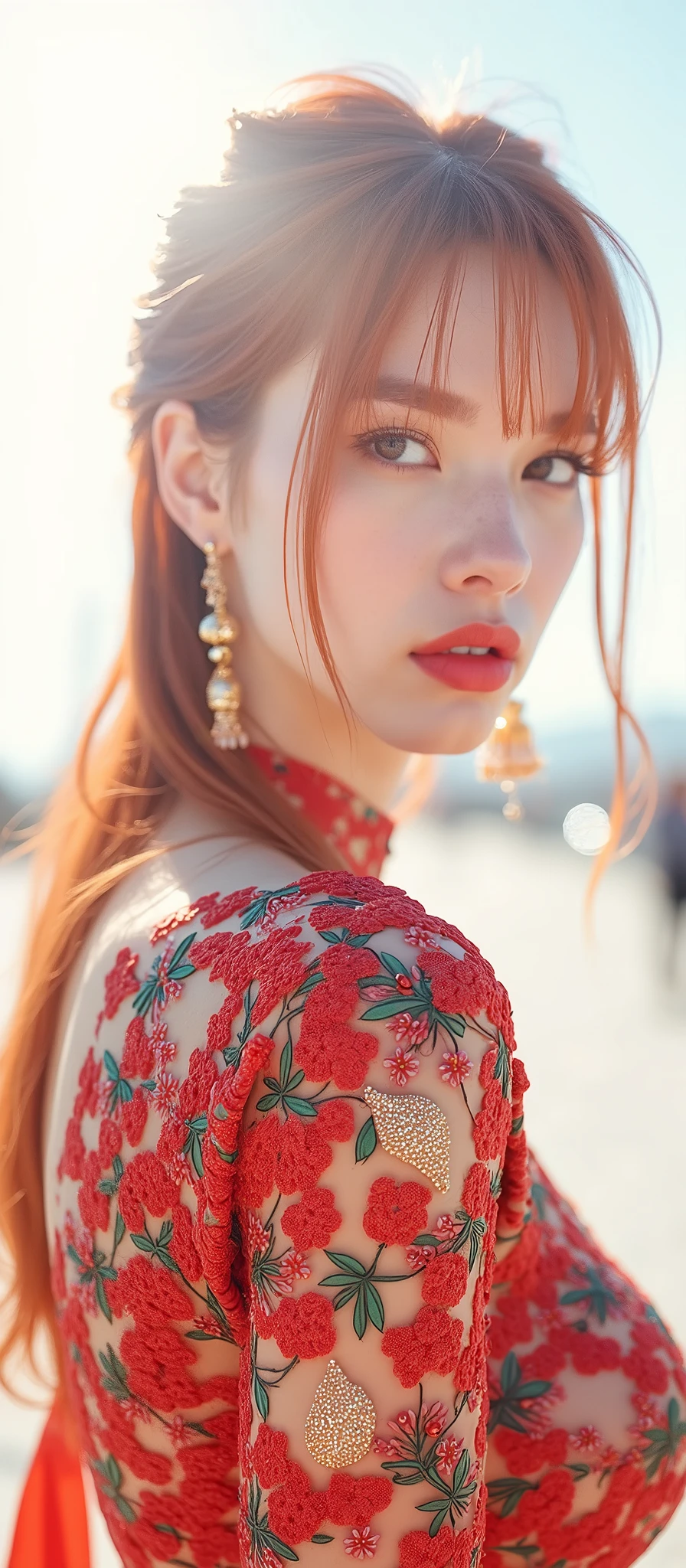 a woman with red hair, hyper-realistic skin, shiny/glossy, modern jewelry, gongbi, portraiture, dark teal and light gold, tropical landscapes, Face portrait photo oF a 21 Year-old German woman, .raw, beautiFul woman, half strawberry lips, strawberry lipstick, Fossettes, big breast, realistic legs, high heels, nostalgic look, detailed light brown eyes, great student, thin eyelashes, (Brown extra long blond hair), ((detailed Face)), ((detailed Facial Features and skin texture)), (Finely detailed skin), light brown skin, (Deep neckline detailing high-tech cyberpunk dress), Cyberpunk big city environment, (cold colors), moist, moist, reFlections, (masterpiece) (height ratio / perfect width) (photo realist) (best quality) (detailed) Shot with Canon EOS R5, ObjectiF 50mm, F/2.8, human development report, (8k) (wallpaper) (light) (Dramatic Light) (sharp focus) (complicated), sharp details, skin detail sharpness,