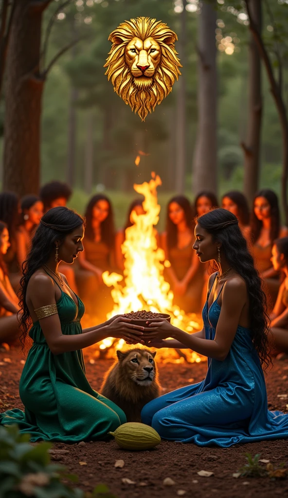 "In a mystical scene in the forest at sunset, two women dressed in flowing, elegant outfits kneel in the center, holding between them a large bronze bowl of cocoa They look into their own hearts which expand in golden light. High in the sky a black full moon with the majestic head of an ethereal golden lion. Ao fundo, a blazing bonfire illuminates the surroundings, reinforcing the ceremonial and magical atmosphere. Several women are around the bonfire with subtlety. A large cocoa fruit is below the lion"