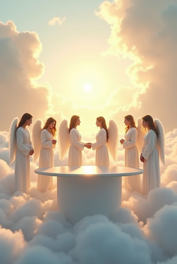 The ground is covered with a sea of clouds, making it a heavenly place.。
There is a cylindrical desk in the middle.、
Seven angels dressed in white stand around a table。
Two of them are married、Shoulder to shoulder。

