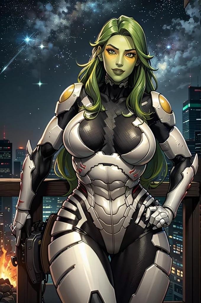 score_9, score_8_up, score_7_up, score_6_up, source_anime, BREAK masterpiece, GamoraGOTG, green skin, green hair, colored skin, yellow eyeshadow, long hair, cityscape, white and black top, armor pants, smile, parted lips, cowboy shot, breasts, in a starry sky, 