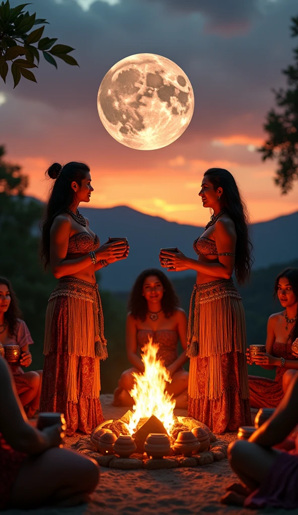 Visualize a scene of a mystical ritual performed at dusk. Two women are standing talking, conducting the ritual in front of a live fire. They are dressed in elaborate mystical costumes, with details that reflect Mayan culture. around the campfire, other women are sitting in a circle, each holding a cup. All participants display expressions of contentment and reverence. in the sky, that is changing color with the sunset, the moon is clearly visible and carries the FACE of the large 3D lion coming out of the moon, representing the astrological sign. The scene captures the essence of a Mayan cacao ritual, highlighting the unity and spirituality of the group in an enchanting natural environment.