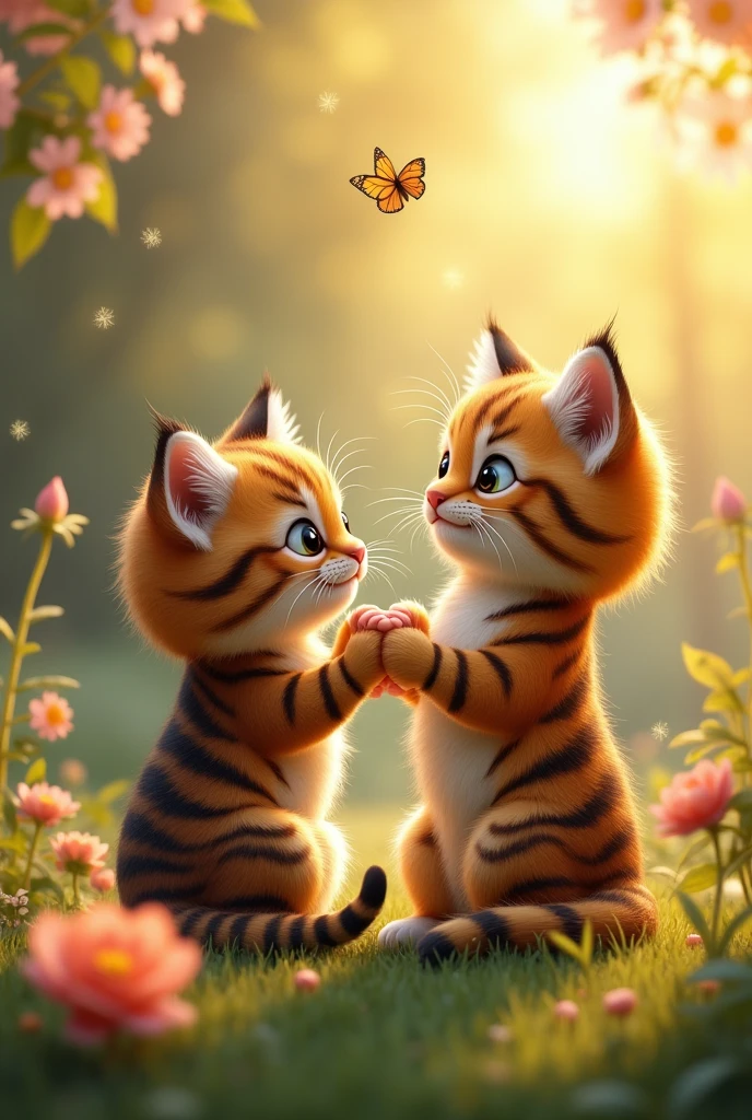 Two cats, tiger pattern, making a heart shape with their tails, beautiful in every detail, cute