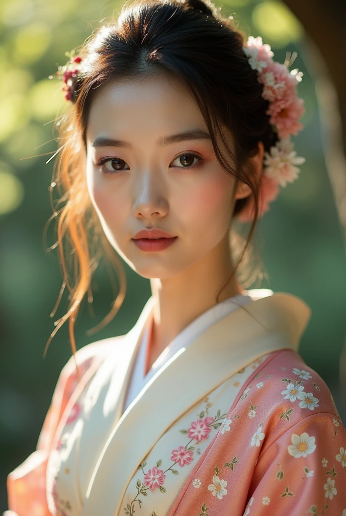 An elegantly dressed Japanese woman in natural light、A close-up of her chest and calm expression.、It shows her inner peace and outer charm.。