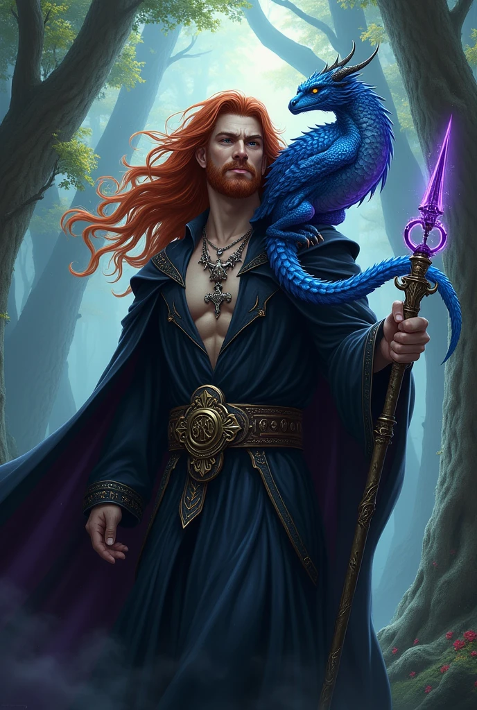 A Wizard with long red hair with a strong personality and has a black cloak and a purple staff and has a blue dragon that sits on his shoulder with a necklace that has a cross