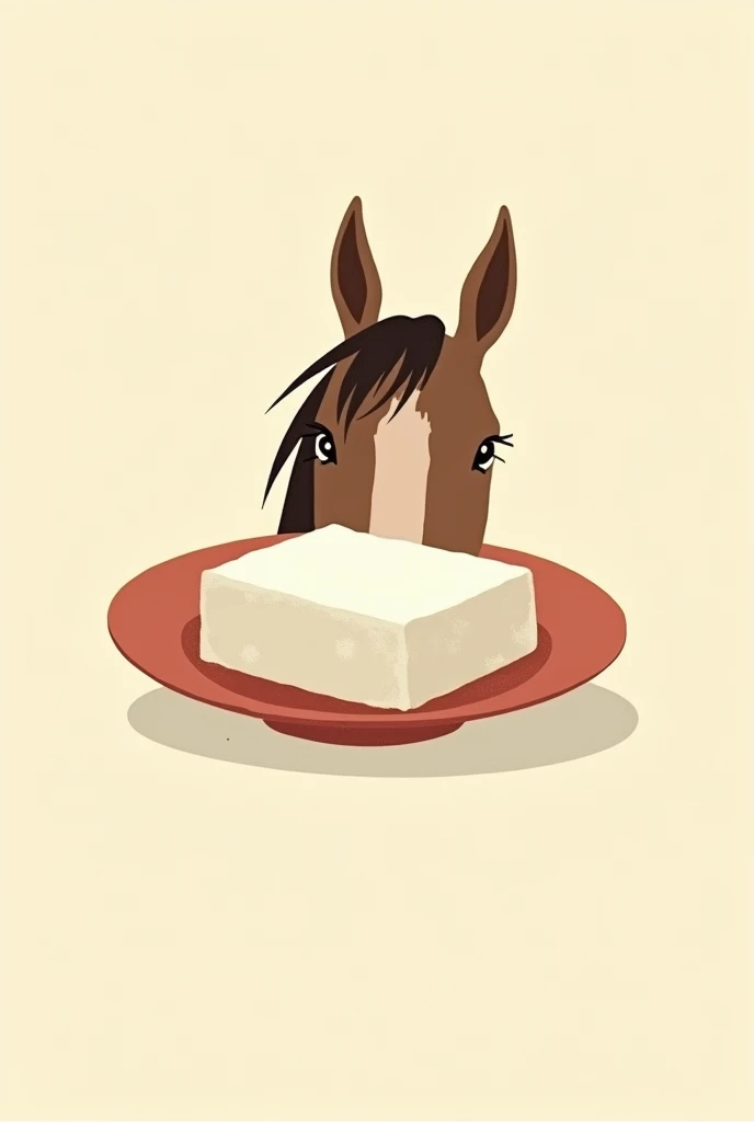 Simple illustrations with thick lines and four or fewer colors。A horse's ear sticks out from a plate of cold tofu。No parts other than the ears are needed