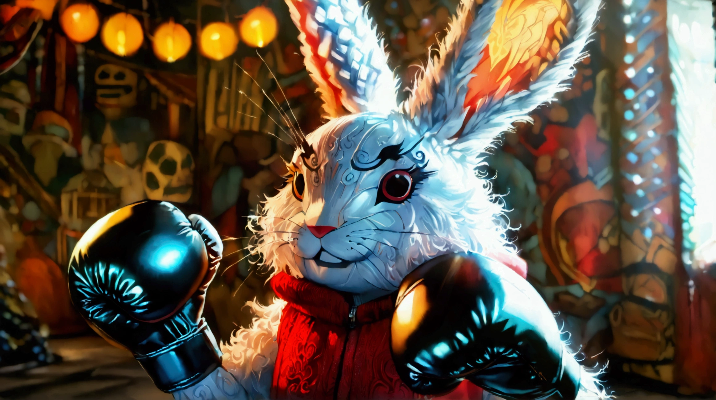 Humanoid black rabbit, defined body, confident smile, boxing outfit, black boxing gloves, lightning around, boxing arena background, ((Intricate anime character design inspired by One Piece)), ((Stunning lighting)), ((Fine lines)), ((Stunning focus)), ((Centered character)), ((Stunning face)), ((Detailed focus)), ((Detailed background)), ((Ultra-fine 2D design)), ((Creative backdrop)), ((2D masterpiece)), ((Best quality)), ((8K anime style))
