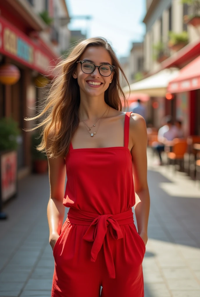 An outgoing girl, smiling,with a sincere and pure look,she has a free personality,wears a red jumpsuit,and glasses.