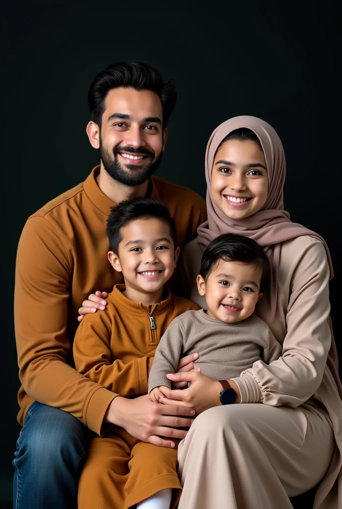 A studio photograph features a Muslim family consisting of three children: a 34-year-old father with well-groomed hair, a 33-year-old mother donning a headscarf, an 8--old ghter, a 5-year-oln, an 2-year-old daugh The kdrop is dark, and the family is seated on chairs with their faces directed towards the camera.