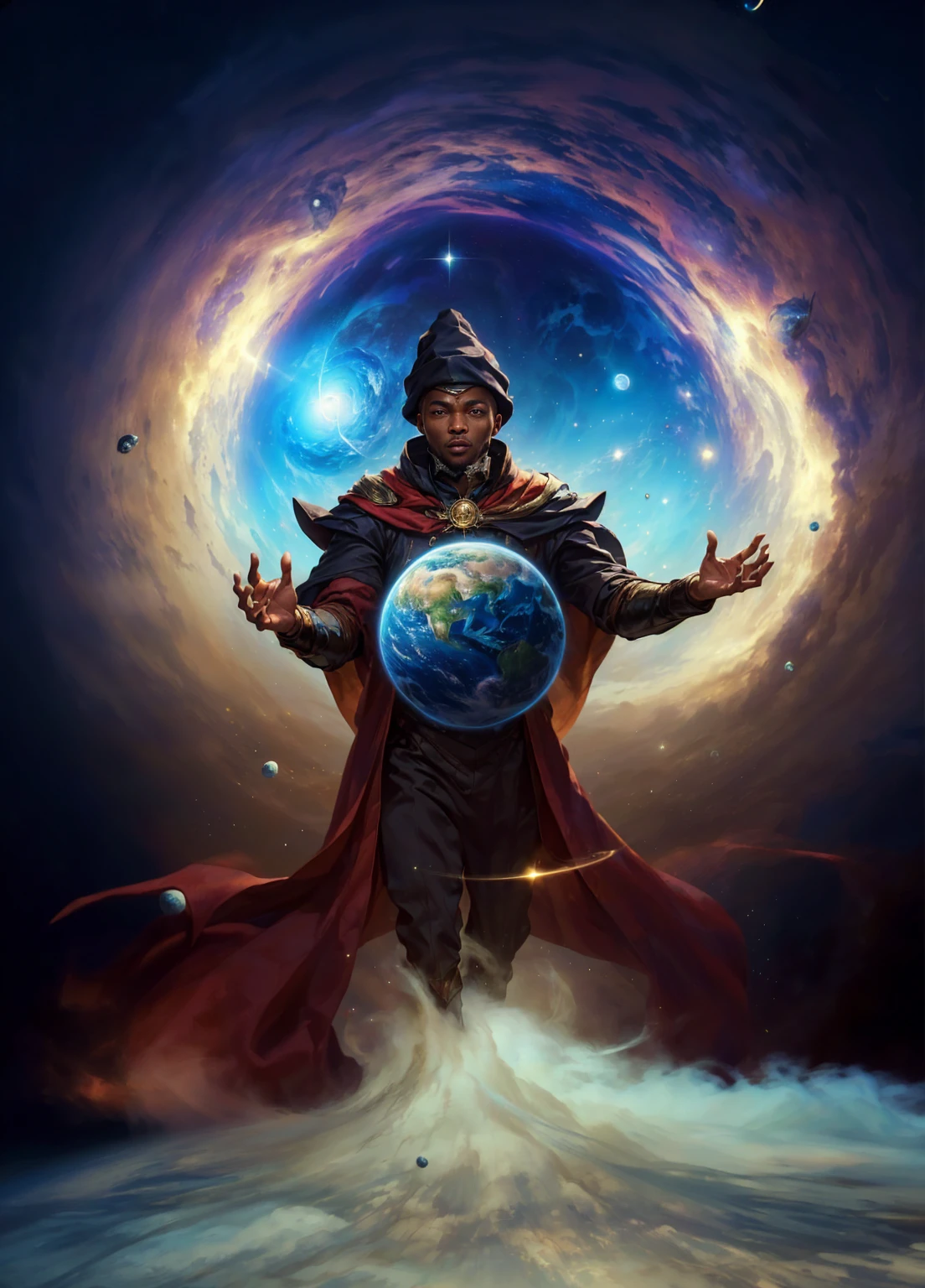 digital illustration style 2.5D of an African man in a black cap and cape, orbiting the universe and manipulating planet earth, lord of the universe, wizard of planet earth, protector of planets and galaxies, master of time, in the background the universe, on the ground there is smoke and fog, detailed hands