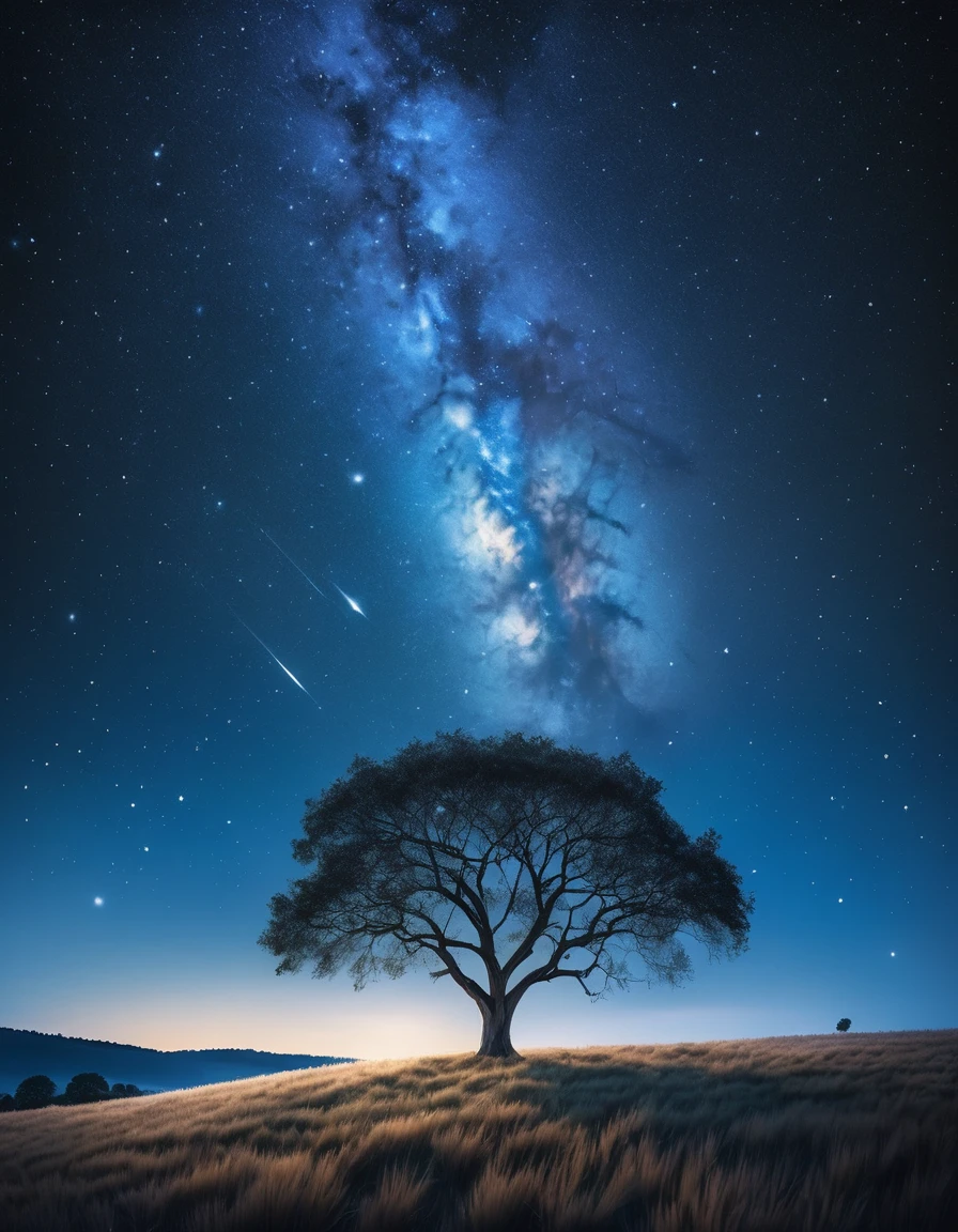 A serene night scene: a starry sky dominates the frame, with twinkling diamonds scattered across the dark blue canvas. A lone tree stands tall in the foreground, its branches stretching towards the celestial expanse like nature's own cathedral. The landscape is bathed in a soft, silvery moonlight, casting an ethereal glow on the scene.