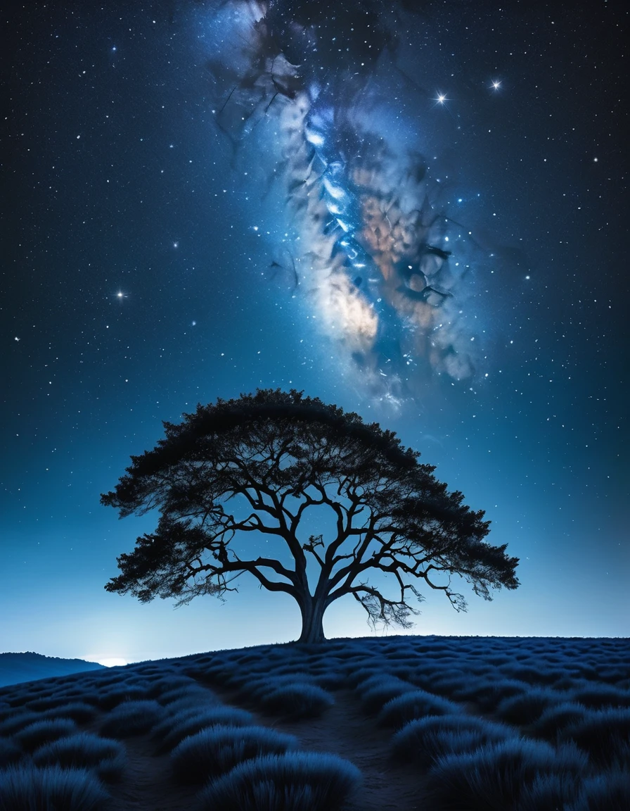 A serene night scene: a starry sky dominates the frame, with twinkling diamonds scattered across the dark blue canvas. A lone tree stands tall in the foreground, its branches stretching towards the celestial expanse like nature's own cathedral. The landscape is bathed in a soft, silvery moonlight, casting an ethereal glow on the scene.