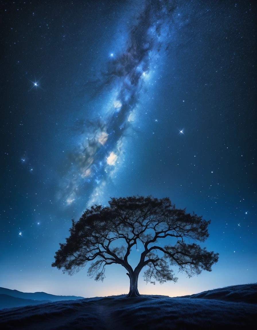 A serene night scene: a starry sky dominates the frame, with twinkling diamonds scattered across the dark blue canvas. A lone tree stands tall in the foreground, its branches stretching towards the celestial expanse like nature's own cathedral. The landscape is bathed in a soft, silvery moonlight, casting an ethereal glow on the scene.