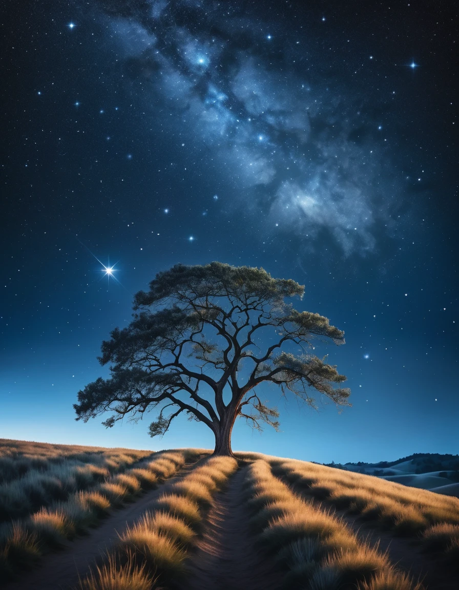 A serene night scene: a starry sky dominates the frame, with twinkling diamonds scattered across the dark blue canvas. A lone tree stands tall in the foreground, its branches stretching towards the celestial expanse like nature's own cathedral. The landscape is bathed in a soft, silvery moonlight, casting an ethereal glow on the scene.