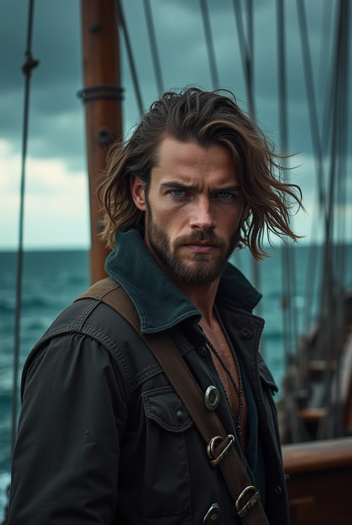 pirate, shoulder length brown hair, greenish eyes, well defined jaw, unshaven beard, skin tanned, Cao Cao, stark, youthful face, around 20 years old