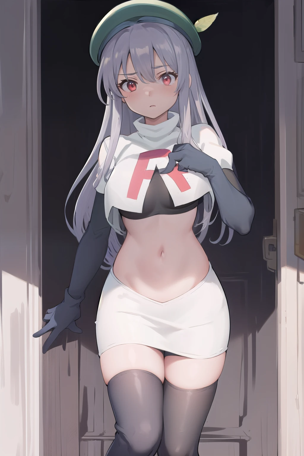 best quality, (masterpiece:1.2), illustration, absurdres,
(1girl, solo), (beautiful detailed girl),
Aeolia, lilac hair, long hair, red eyes, medium breasts,
green hat, hat with feather ornament, team rocket,team rocket uniform,white skirt,red letter R,crop top,black thigh-highs,black elbow gloves
looking at viewer,