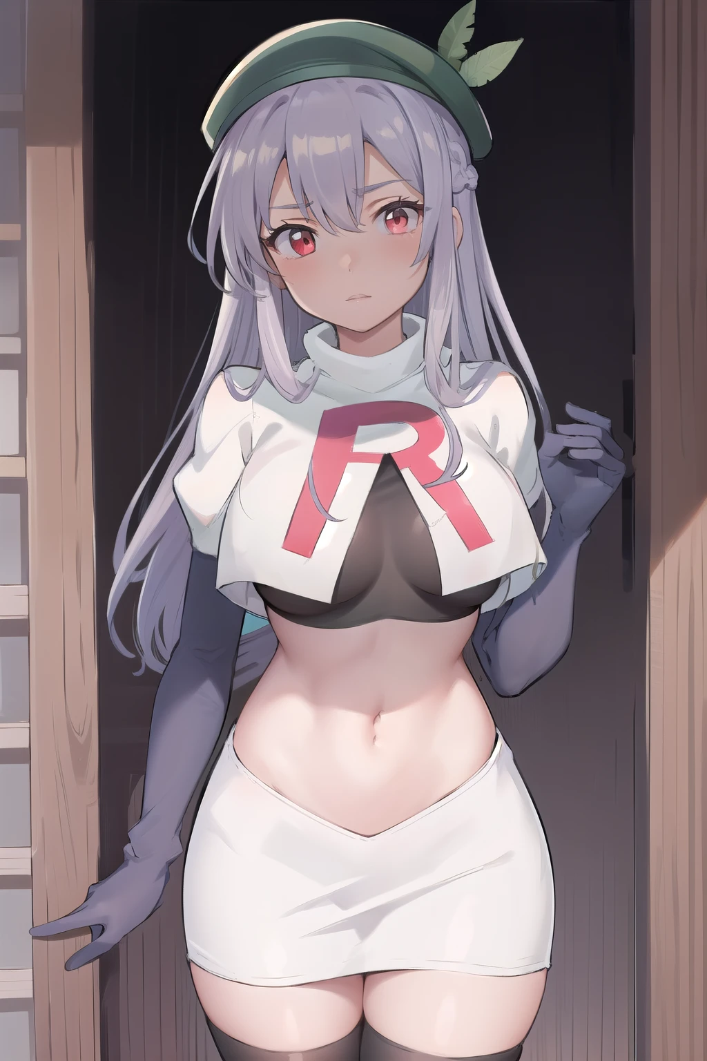best quality, (masterpiece:1.2), illustration, absurdres,
(1girl, solo), (beautiful detailed girl),
Aeolia, lilac hair, long hair, red eyes, medium breasts,
green hat, hat with feather ornament, team rocket,team rocket uniform,white skirt,red letter R,crop top,black thigh-highs,black elbow gloves
looking at viewer,