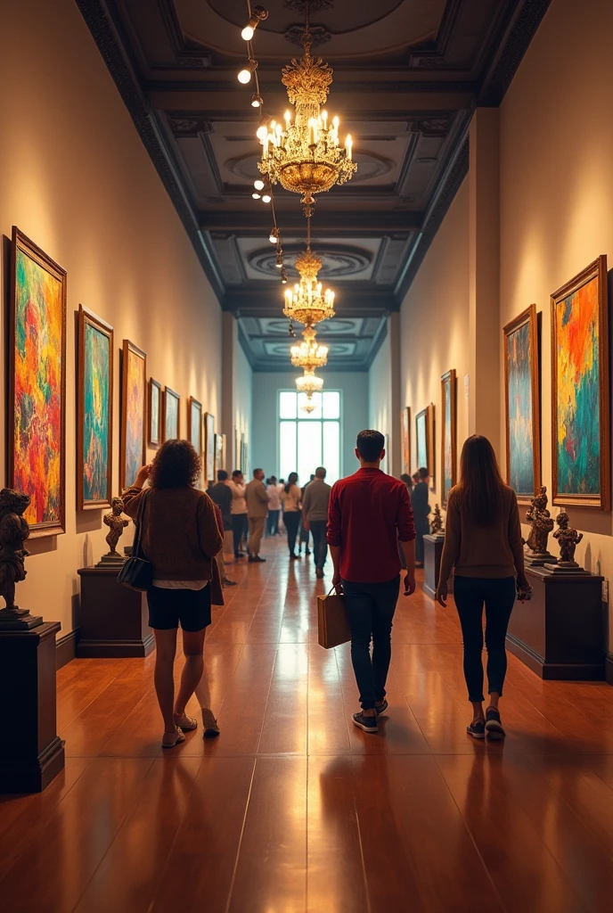Make a picture of a walk through an art gallery in two-point oblique perspective., let it be a drawing