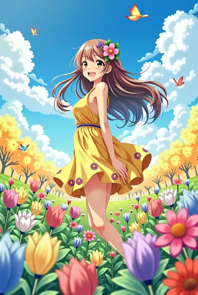 Woman standing smiling among flowers Anime girl
