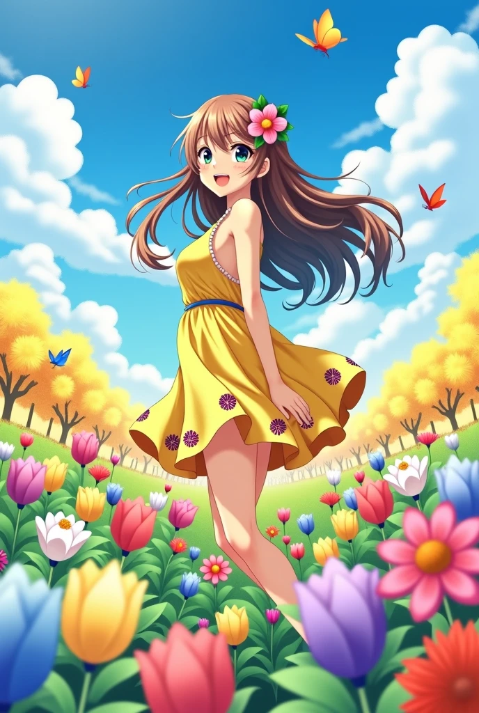 Woman standing smiling among flowers Anime girl