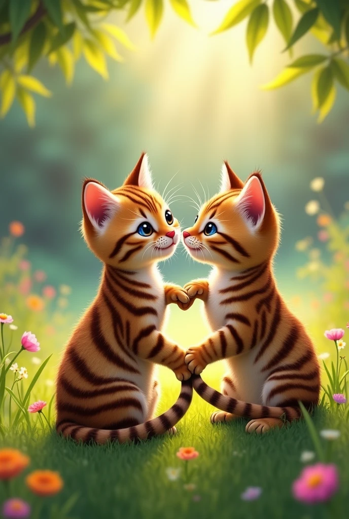 Two cats, tiger pattern, beautiful in every detail, cute, making a heart shape with their tails