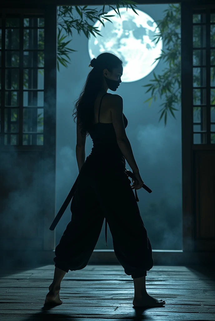 a japanese dojo, a ninja warrior, face covered, fighting position, full moon night, gloomy background
