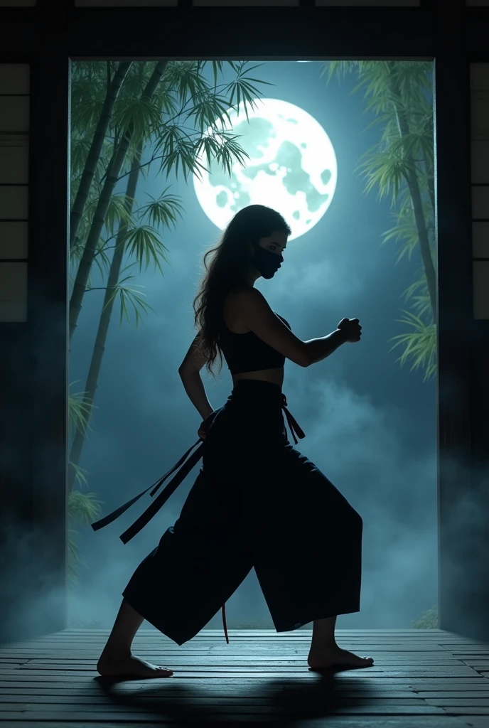 a japanese dojo, a sexy ninja warrior, face covered, fighting position, full moon night, gloomy background
