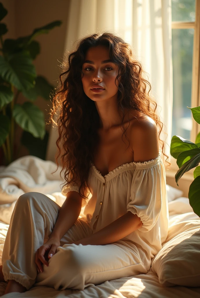 (photorealism:1.2), beautiful woman, sitting on bed, wearing loose off-shoulder top, pajama pants, long curly hair, indoors, soft lighting, plants in background, window with sunlight, cozy room, relaxed pose, realistic, intricate details, warm colors, by Greg Rutkowski, by Alphonse Mucha