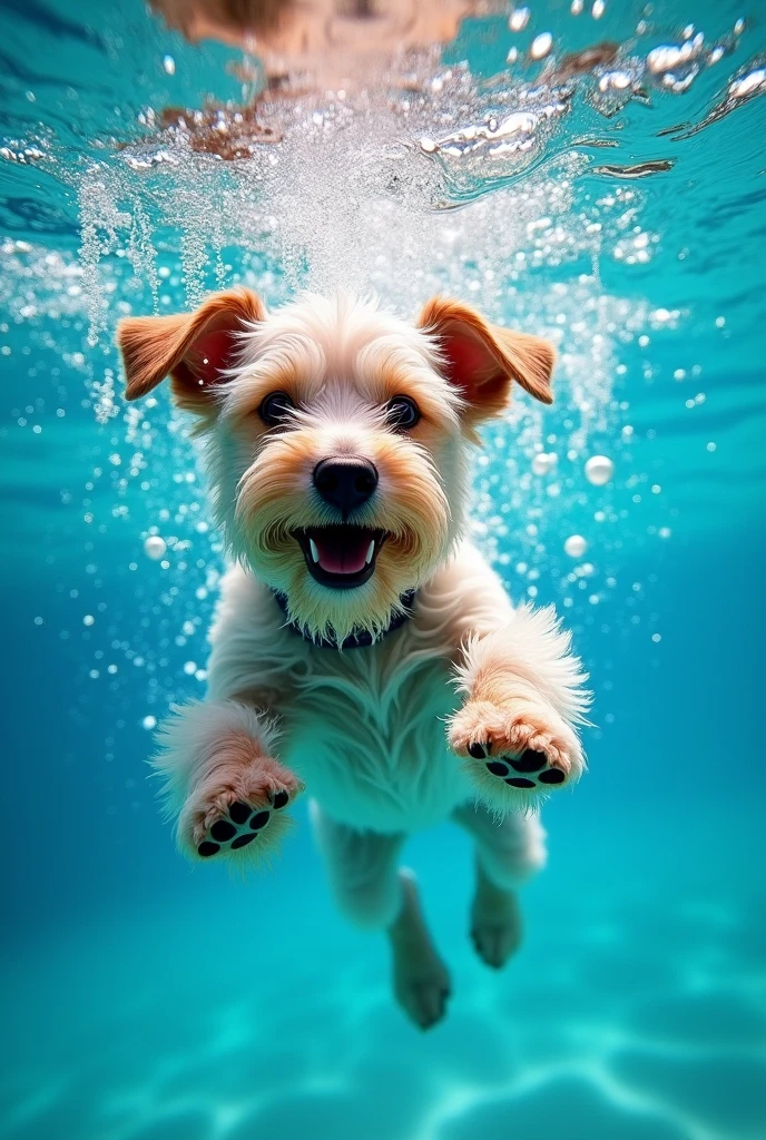 Wire fox terrier, cute dog, messy hair, underneath the water,blue background